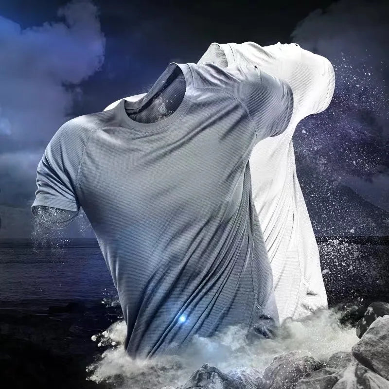 Summer Ice Silk T-shirt Men's Cold Short Sleeve O-neck Stretch Quick-drying Breathable Sports Shirt T Shirt Men Cool Down Tops