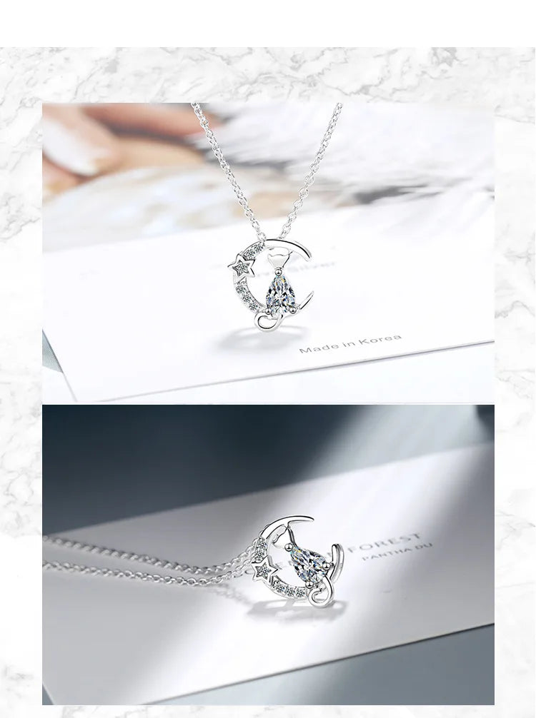 New in 925 Sterling Silver Cat Moon Zircon Women Necklace Wedding Luxury Designer Jewelry Offers GaaBou Jewellery