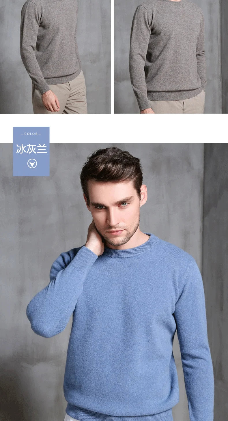 Men's 100% Pure Cashmere Knitted Jumpers, Winter Sweater, High Quality Pullovers, Tops, Thick Clothes, 8Colors, Oneck, Hot Sale