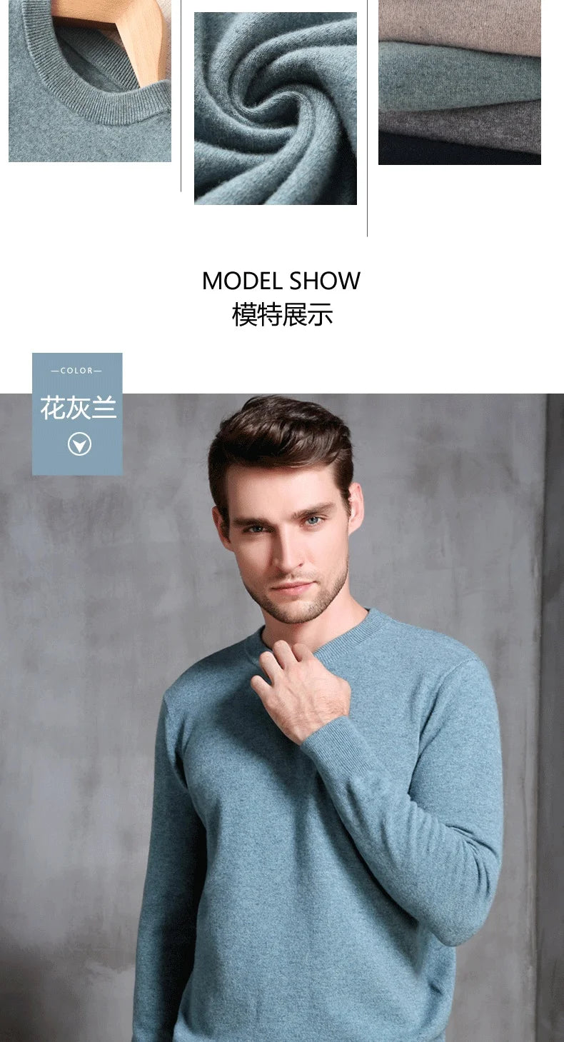 Men's 100% Pure Cashmere Knitted Jumpers, Winter Sweater, High Quality Pullovers, Tops, Thick Clothes, 8Colors, Oneck, Hot Sale
