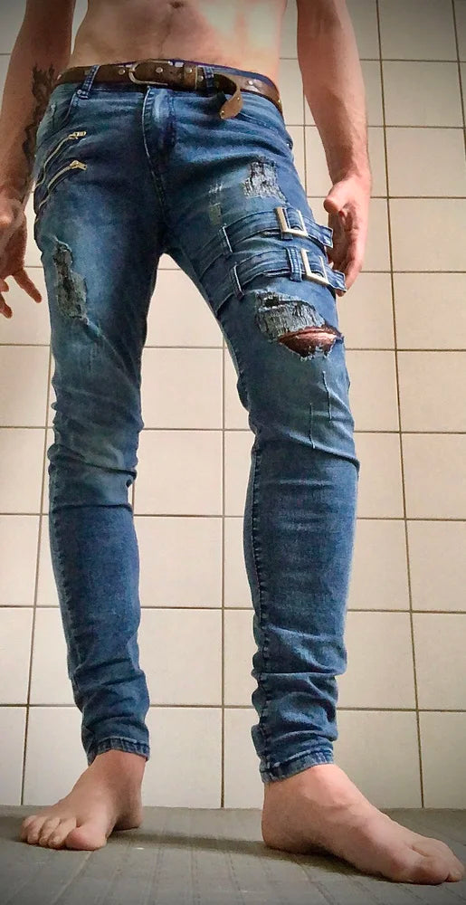 Men High Waist Fashion Jean Spring Summer Boyfriend Motorcycle Street Wear Skinny Casual Denim Pants Jeans Straight Trousers