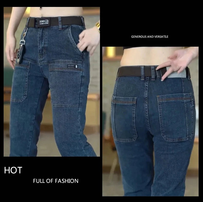2024 New Brand Mens Casual Multiple Pockets Jeans Mid-Waist Elastic Straight Denim Trousers Versatile Loose Personality Pants