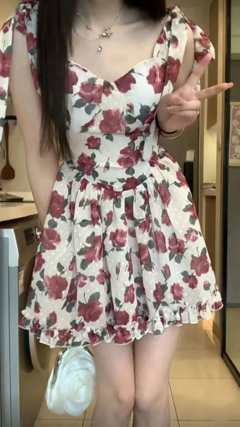 Summer New French Vintage Floral Halter Dress V-neck Sleeveless A-line Cute Short Dress Birthday Party Dress Camisole Dresses