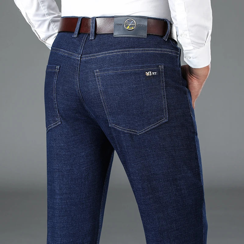 High Quality Men's Business Stretch Jeans Korean Casual Pants Denim Straight Trousers Black Navy Blue Men's Clothes