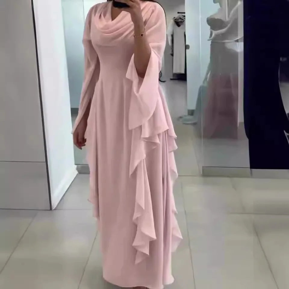 Pullover Dresses Puff Sleeve Spliced Pile Collar Dress Solid Loose Vestidos 2024 Ankle Length Casual Summer Slight Strech