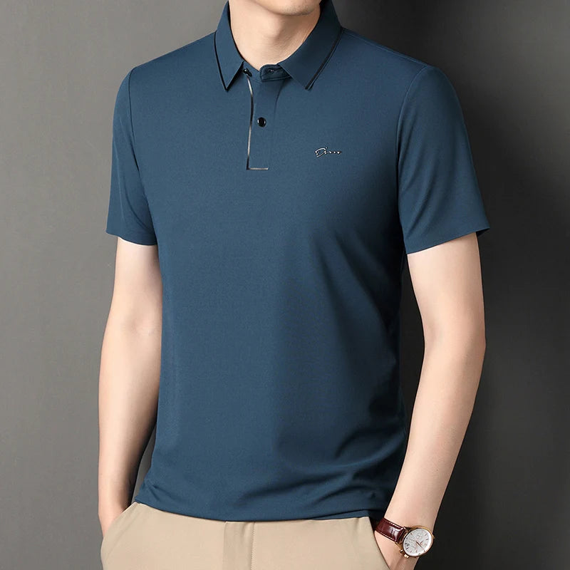 Handsome 2024 Summer Ice Silk Seamless Breathable Polo Shirt Men Short Sleeved Embroidery Casual Lapel T-shirt Men's Clothing