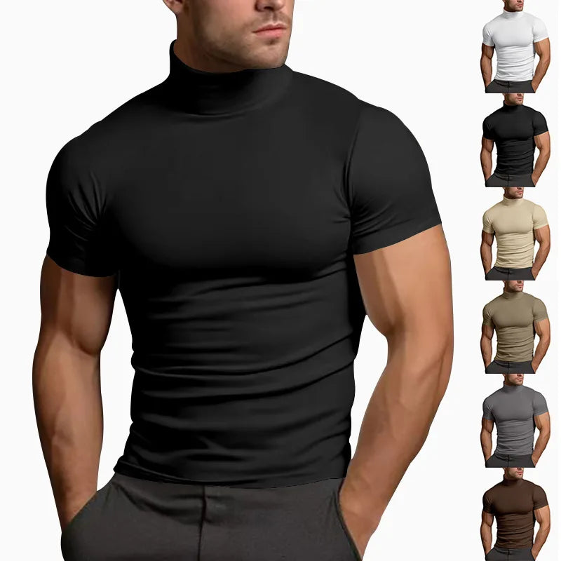 Cross-border Amazon 2024 summer solid color short-sleeved fashion bottoming shirt men's tight turtleneck T-shirt