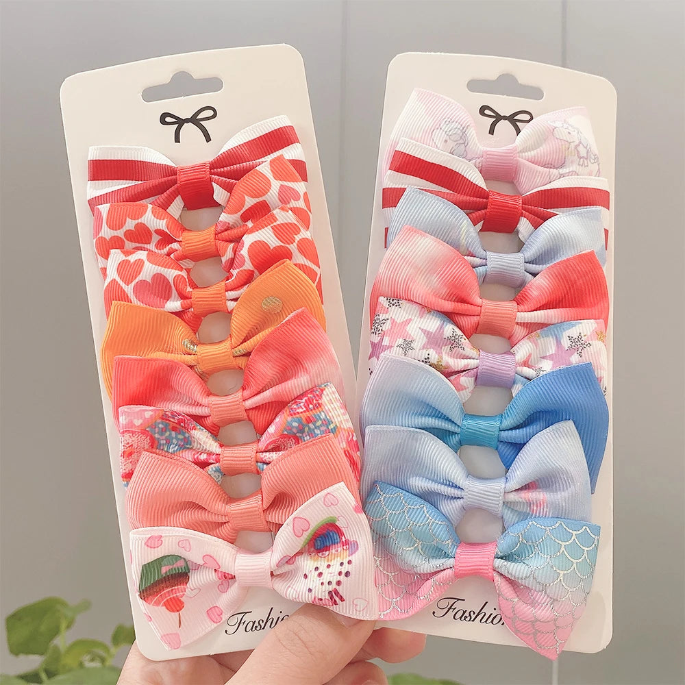 8PCS/Set Print Grosgrain Ribbon Hair Bows Clips Small Bows For Children Girls Headwear DIY Kids Hair Accessories Best Gifts