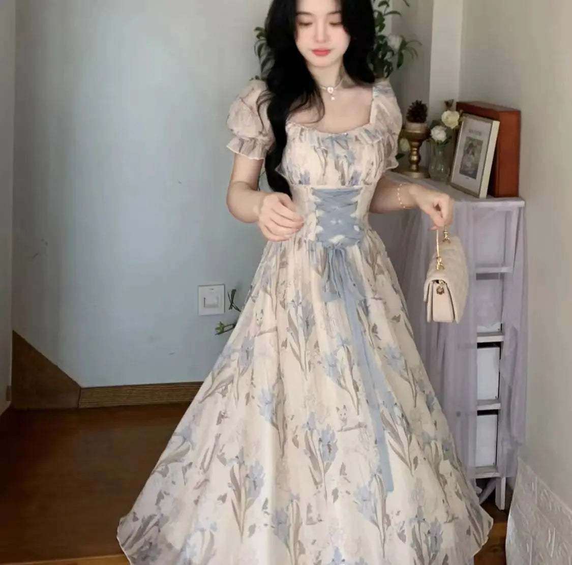 Elegant Vintage Floral Midi Dress Women Ruffles Design Casual Korean Fairy Dress Female 2024 Summer Lace-up Vacation Party Dress