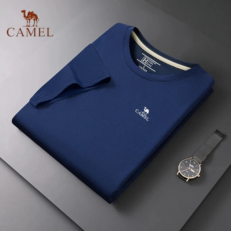 Embroidered CAMEL Round Neck Short Sleeved T-shirt, Summer Men's Fashionable Casual Outdoor Sports Breathable Polo Shirt Top