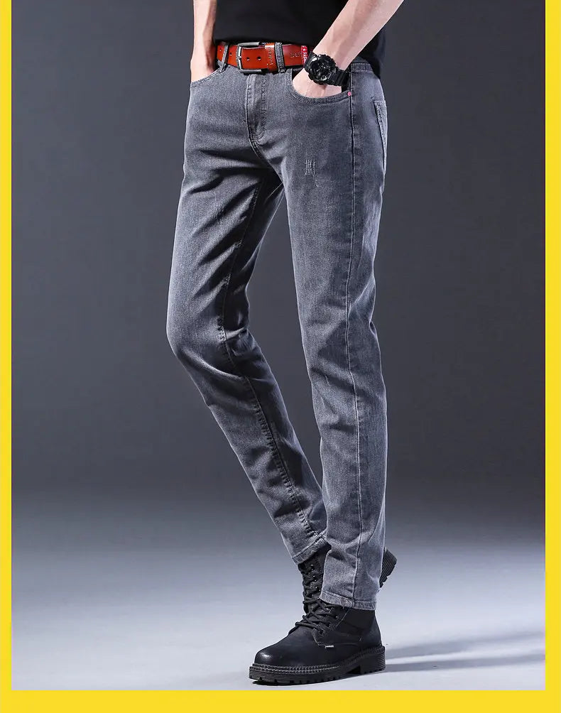 2024 New Fashion Jeans Men Korean Style Straight Grey Middle Waist Pants Male Casual Denim Trousers