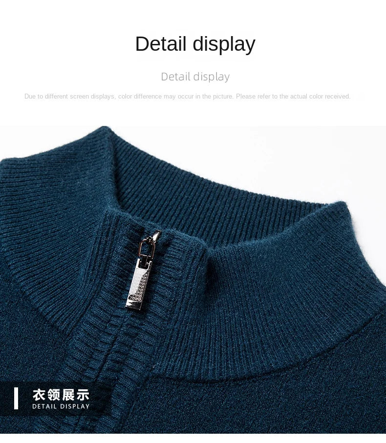 Men's autumn and winter high collar half zipper 100% wool sweater 2024 thick long sleeve warm pullover business casual knitted s