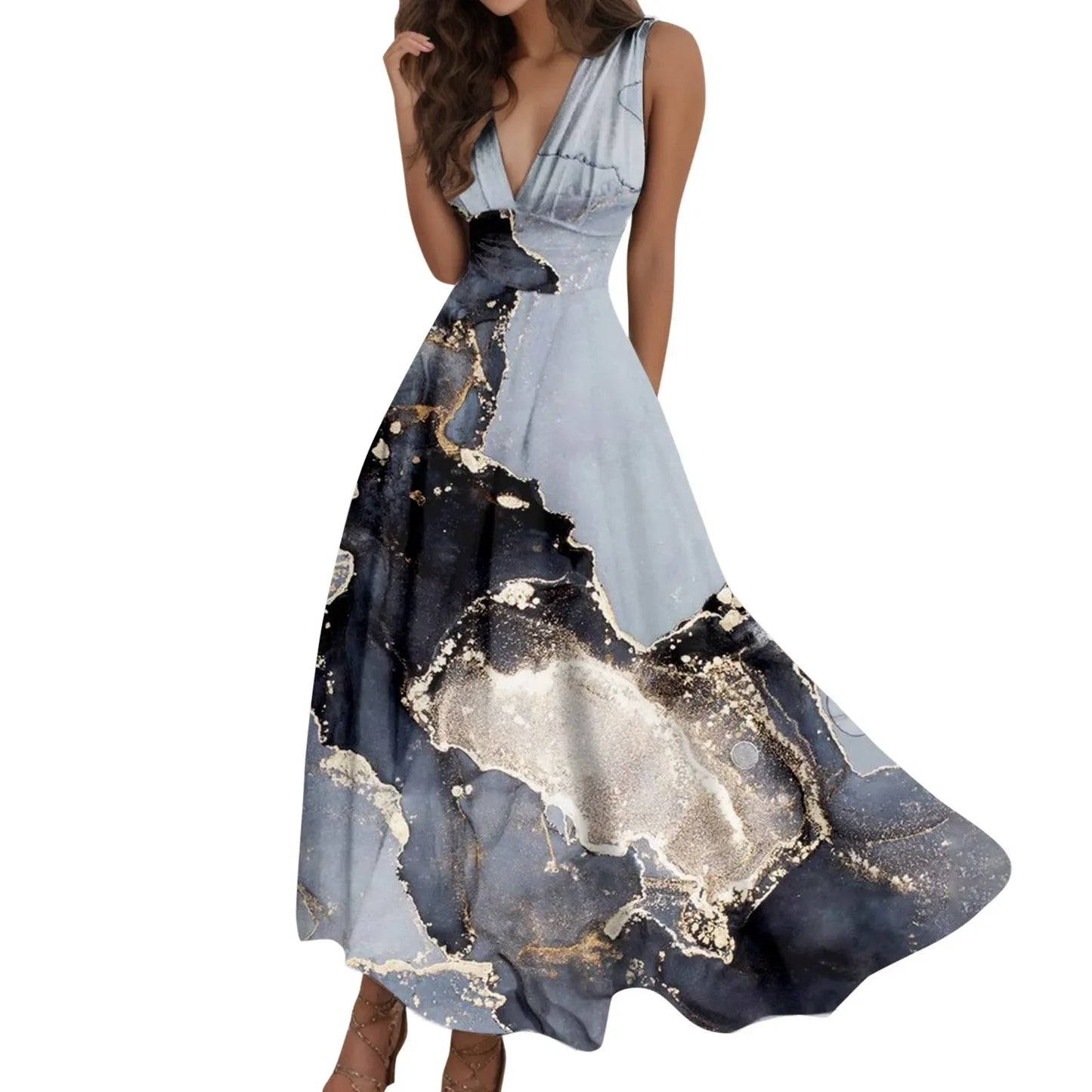 Fashion Print Elegant Temperament Long Dress Women Summer A-Line Sleeveless Party Dress 2023 Deep-V Commute Ladies Party Dress