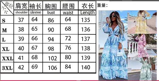Spring New Long Dress Fashion Print Sexy Deep V-neck Long Sleeved Dress Women's Elegant Hollow Out Ruffle Spliced Maxi Dress