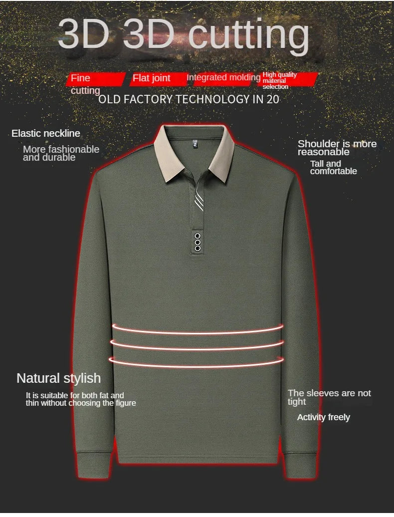 Autumn New Men's Long-sleeved Polo Shirt Business Casual Slim Elastic Top Fashion Classic Solid Color Male Brand Tees