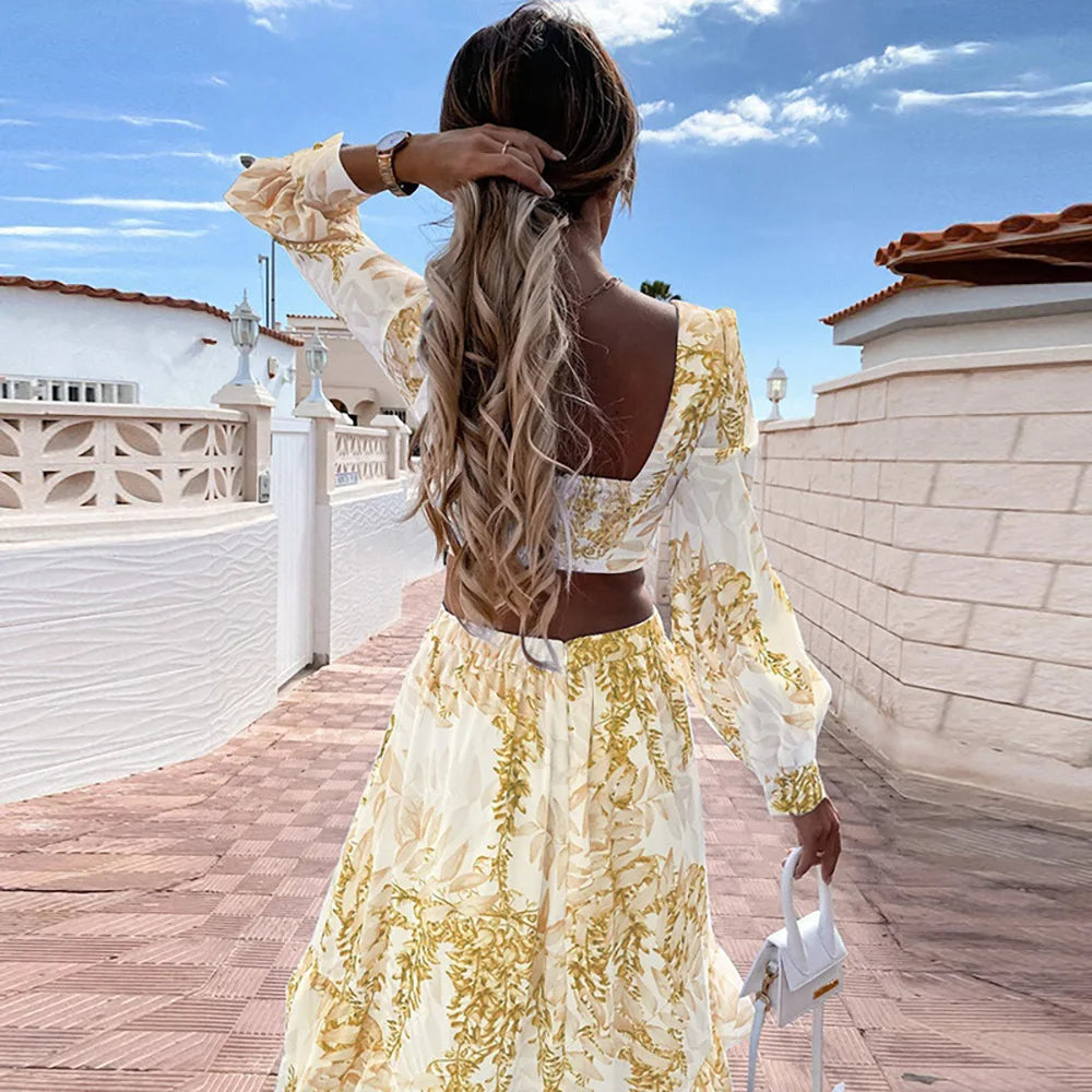 Spring New Long Dress Fashion Print Sexy Deep V-neck Long Sleeved Dress Women's Elegant Hollow Out Ruffle Spliced Maxi Dress