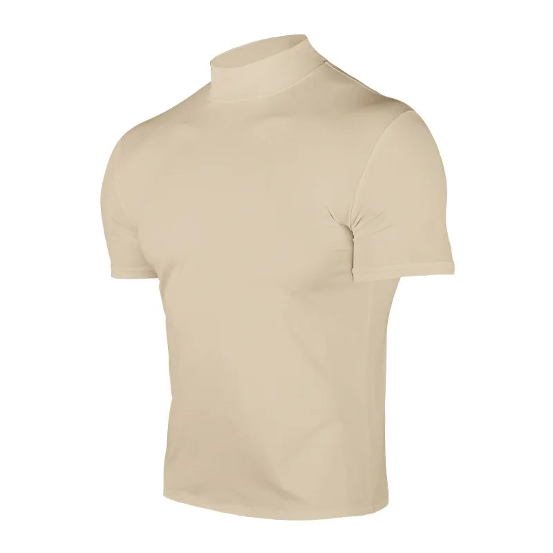 Cross-border Amazon 2024 summer solid color short-sleeved fashion bottoming shirt men's tight turtleneck T-shirt