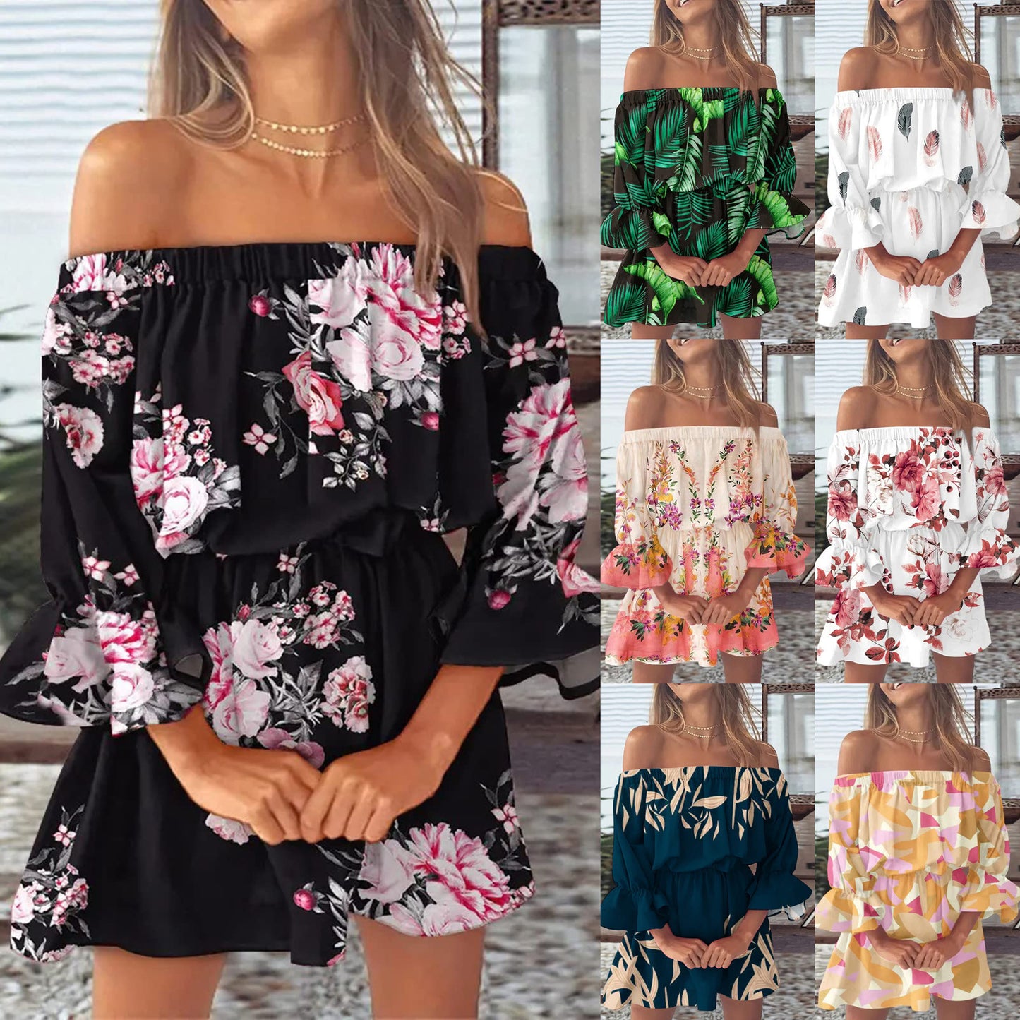 Boho Dresses for Women 2023 Summer Sexy Off Shoulder Floral Print Flare Sleeve Tunic Dress Women Casual Mini Sundress Vestido