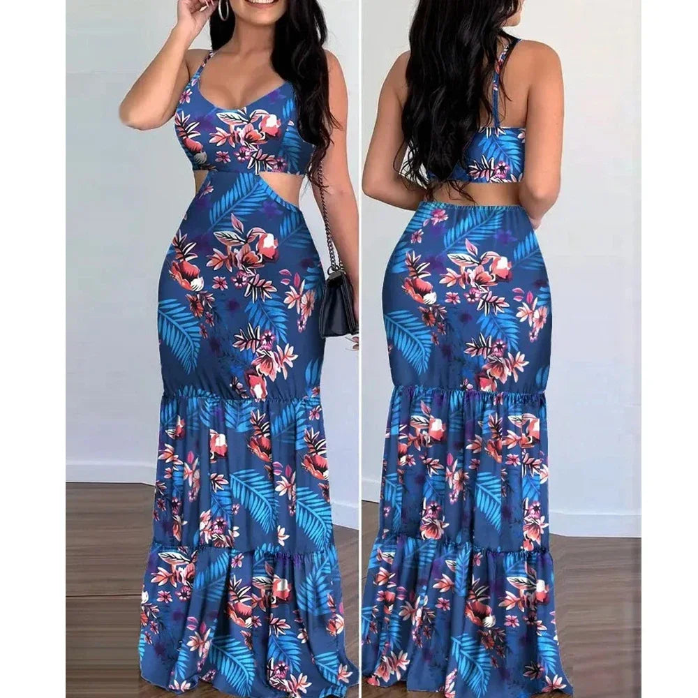 Floral Dress Casual Women's V-neck Pencil Sleeveless Bodycon Long Dress Spaghetti Strap Summer Camis Tops Maxi Dress