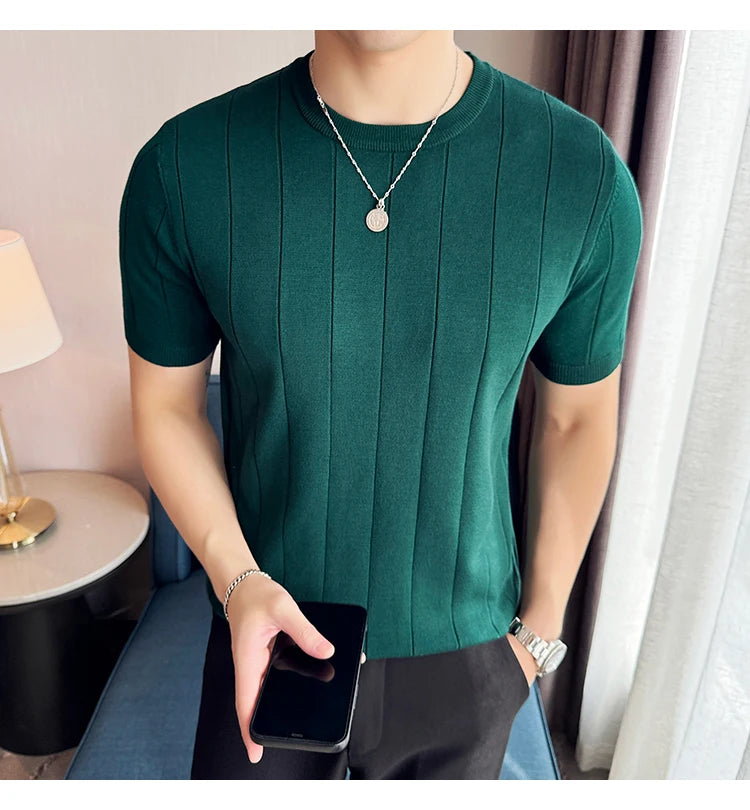 2024 New High Quality, Business Casual Men's Short-Sleeved O-neck Sweater, Daily Slim Fit T-shirt, Stretchable Striped Top M-3XL