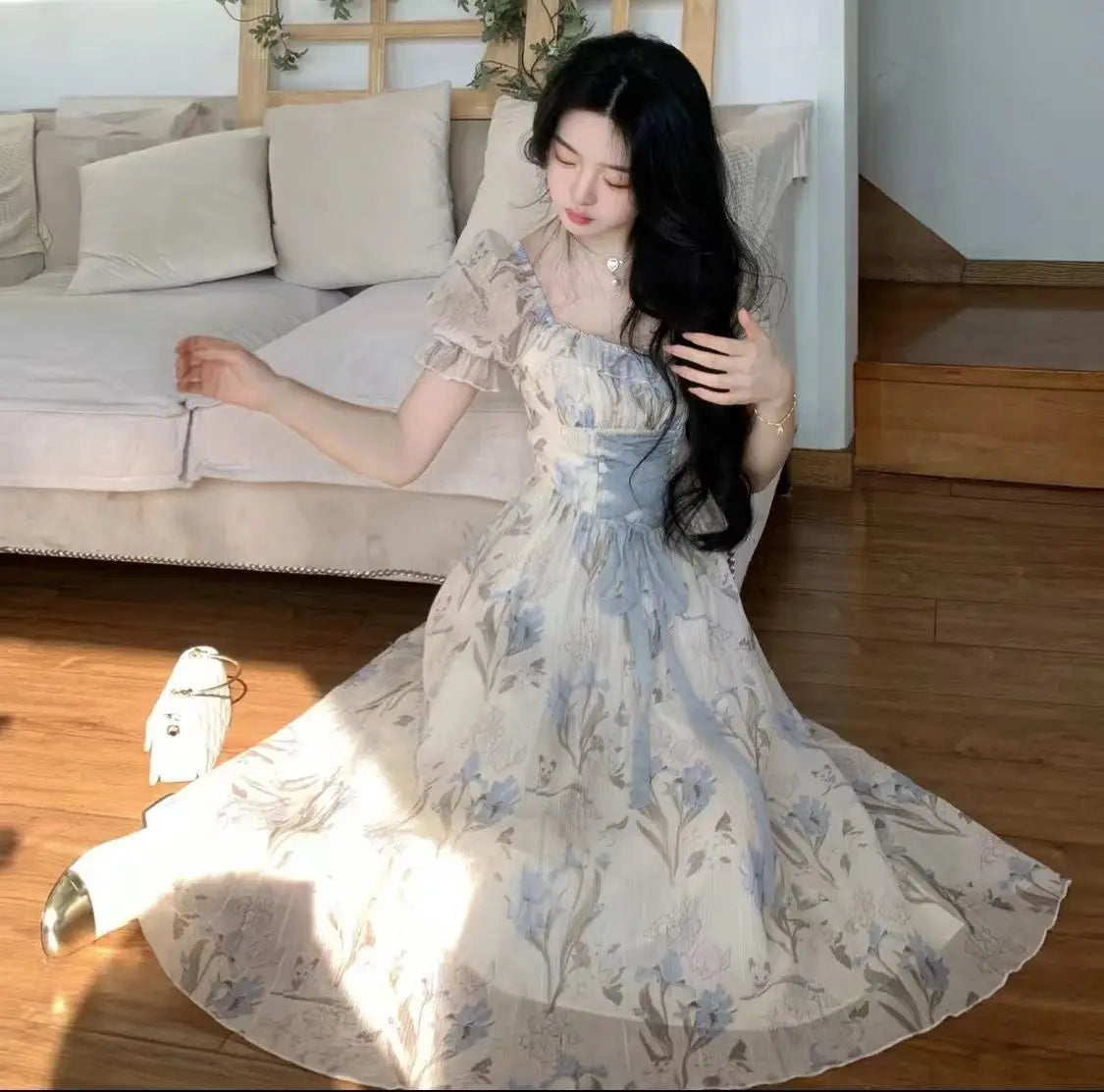 Elegant Vintage Floral Midi Dress Women Ruffles Design Casual Korean Fairy Dress Female 2024 Summer Lace-up Vacation Party Dress