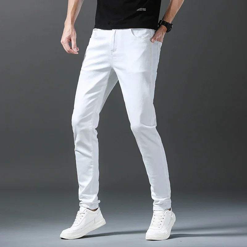 2024 New Spring Summer Men's Fashionable Solid Color Jeans Straight Stretch Stretch Slim Fit Classic Denim Trousers Male