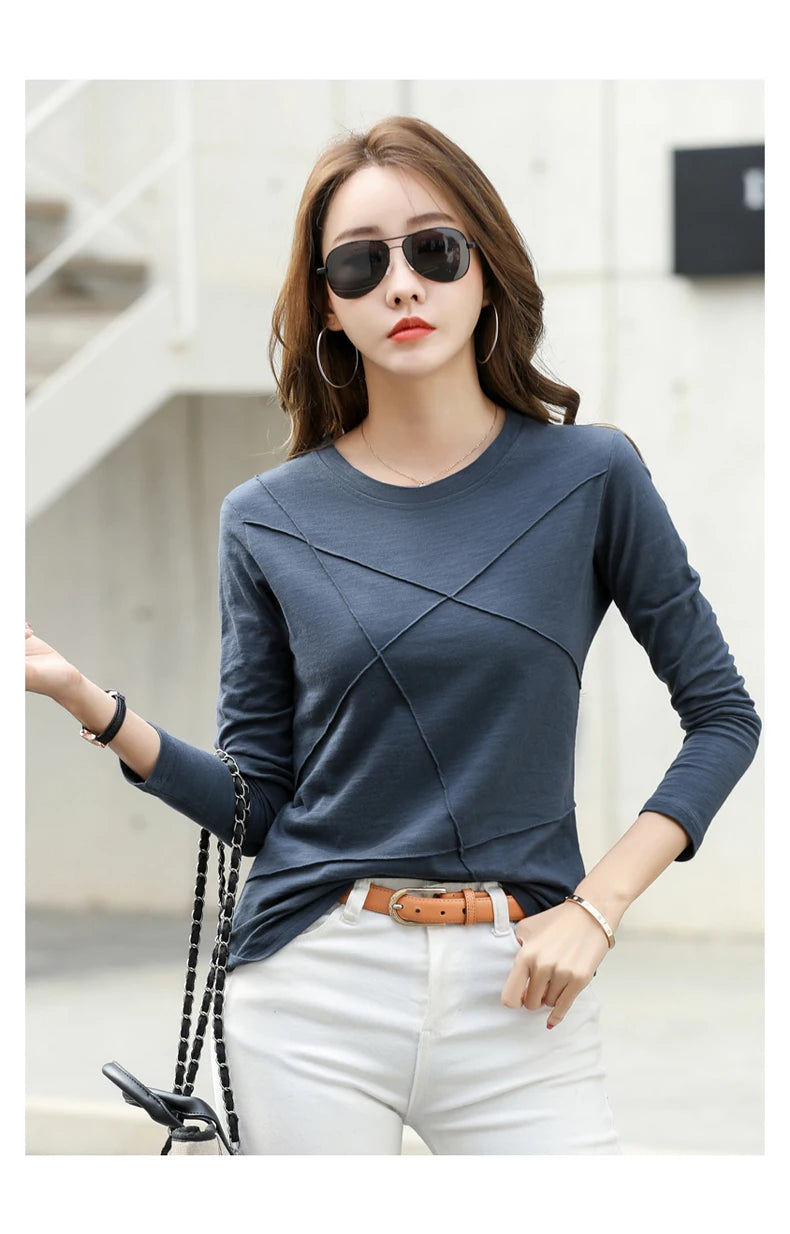 AOSSVIAO 2024 Autumn Long Sleeve Women O-Neck Bamboo Cotton T-Shirt Elegant Loose Ribbed Fashion Tee Shirt Ladies Simple Tops