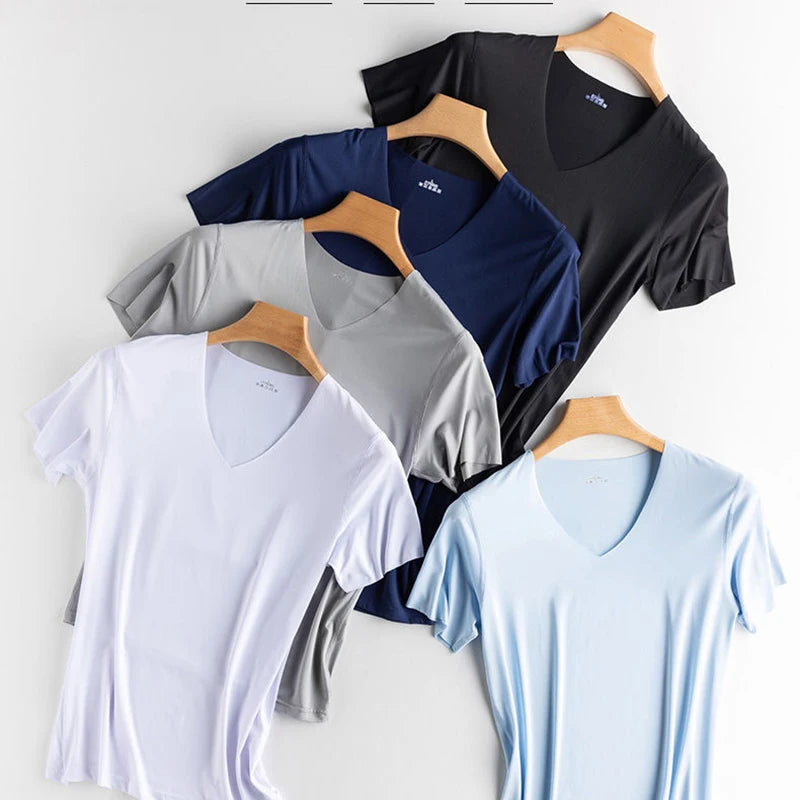 Fashion Summer Seamless Breathable Ice Silk T-Shirt Vest Men's Sports Short Sleeve T-shirt Ice Silk Solid Color V-neck M-5XL