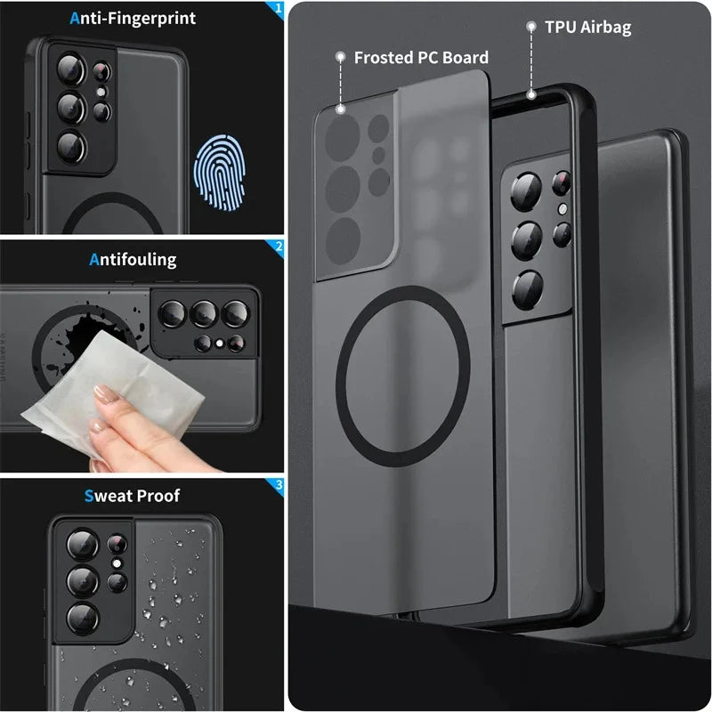Luxury Matte Frosted For Magsafe Magnetic Wireless Charging Case For Samsung Galaxy S23 S22 S21 Ultra Plus Shockproof Hard Cover