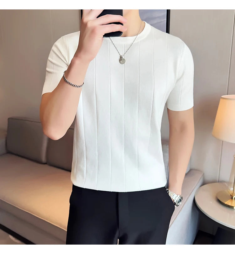 2024 New High Quality, Business Casual Men's Short-Sleeved O-neck Sweater, Daily Slim Fit T-shirt, Stretchable Striped Top M-3XL