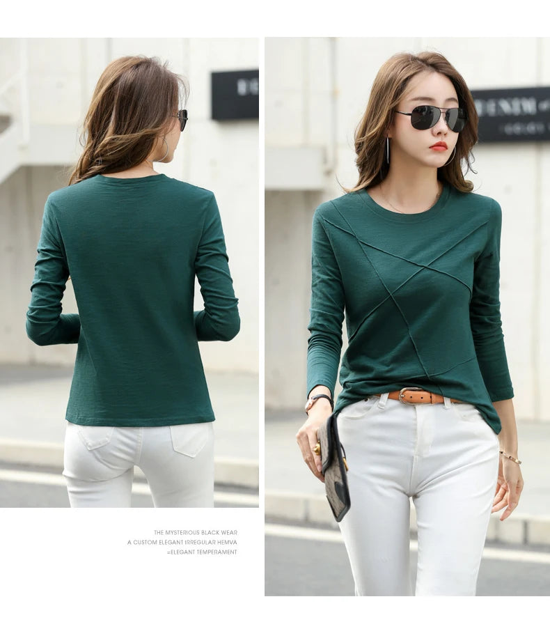 AOSSVIAO 2024 Autumn Long Sleeve Women O-Neck Bamboo Cotton T-Shirt Elegant Loose Ribbed Fashion Tee Shirt Ladies Simple Tops