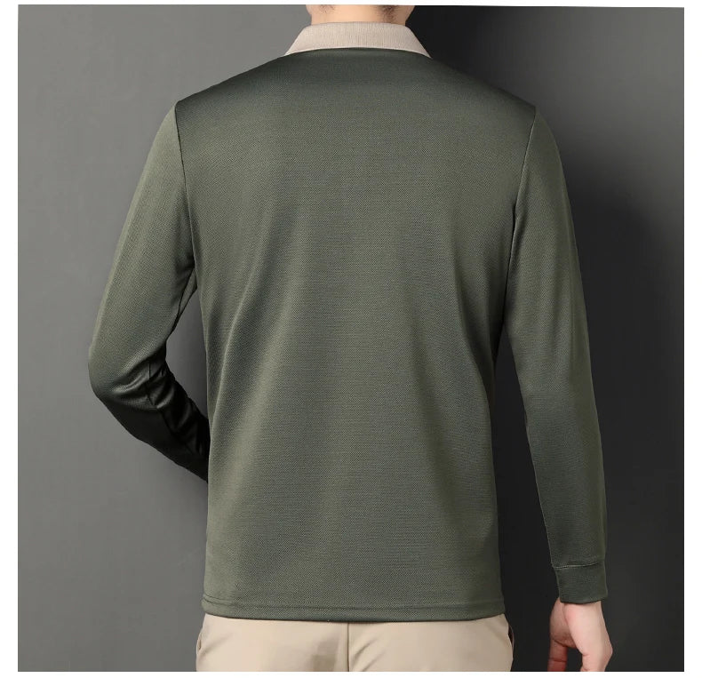 Autumn New Men's Long-sleeved Polo Shirt Business Casual Slim Elastic Top Fashion Classic Solid Color Male Brand Tees