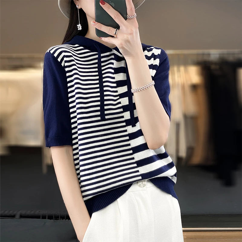 Summer New 100% Cotton Women's T-shirt Short Sleeve Loose Contrast Hooded Collar Pullover Casual Fashion Knitted T-shirt Top
