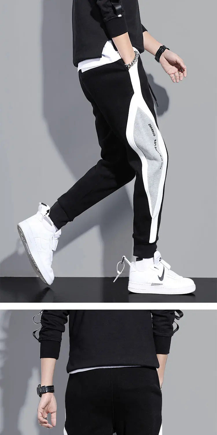 Autumn Men's Wide Loose Casual Pants Mens Patchwork Nine-point Sports Elastic Rope Breathable Tie-foot Trousers