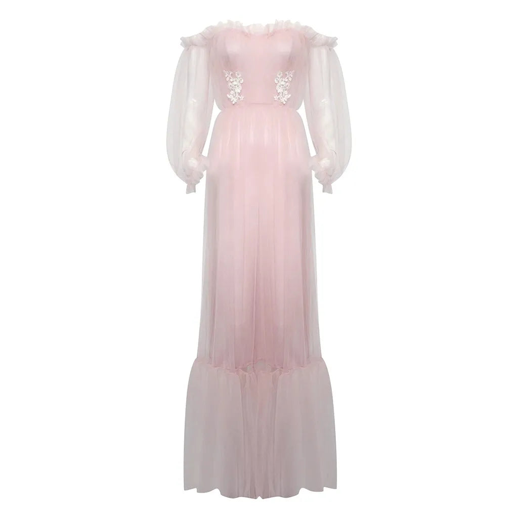 Off Shoulder Sweetheart Overlay Tulle Champagne Bloom Flower Bridal Dress Women Dress Fairy Solid Color Puffy Mesh Wedding Gowns