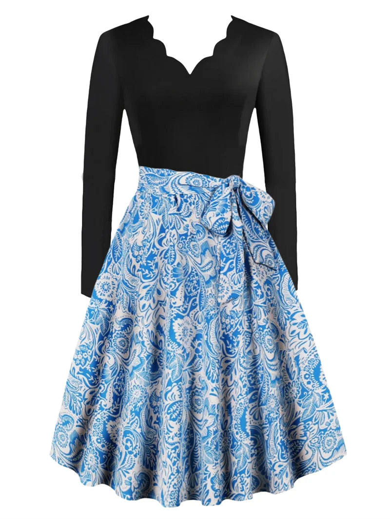 Sexy lace V-neck long sleeved pullover with slim fit floral print casual party A-line dress with belt included
