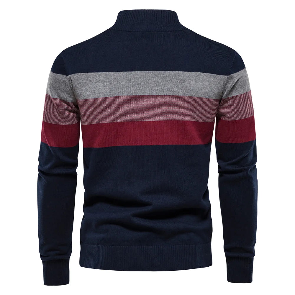 Autumn Winter Men's Sweater Half High Collar Color Matching Stripe Pullover High-quality Male Business Casual Knitwear Sweaters