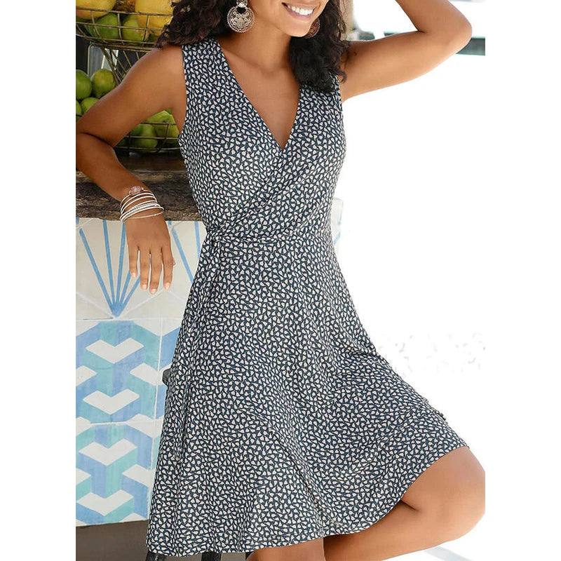Summer Dress Women's New Casual Dot V Neck Sleeveless Bandage Beach Pop Floral Belt Women's Clothing Women