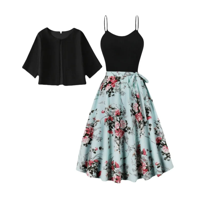 New Chinese style dress set for women's fashion, mid to long style, with a slimming and printed skirt