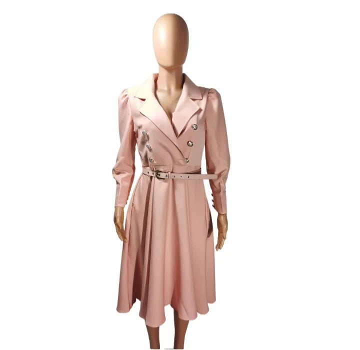 Dress for Women Autumn 2023 Fashion Versatile Casual Solid Button Long Lapel Pleated Strap Waistband Pullover Dresses Streetwear