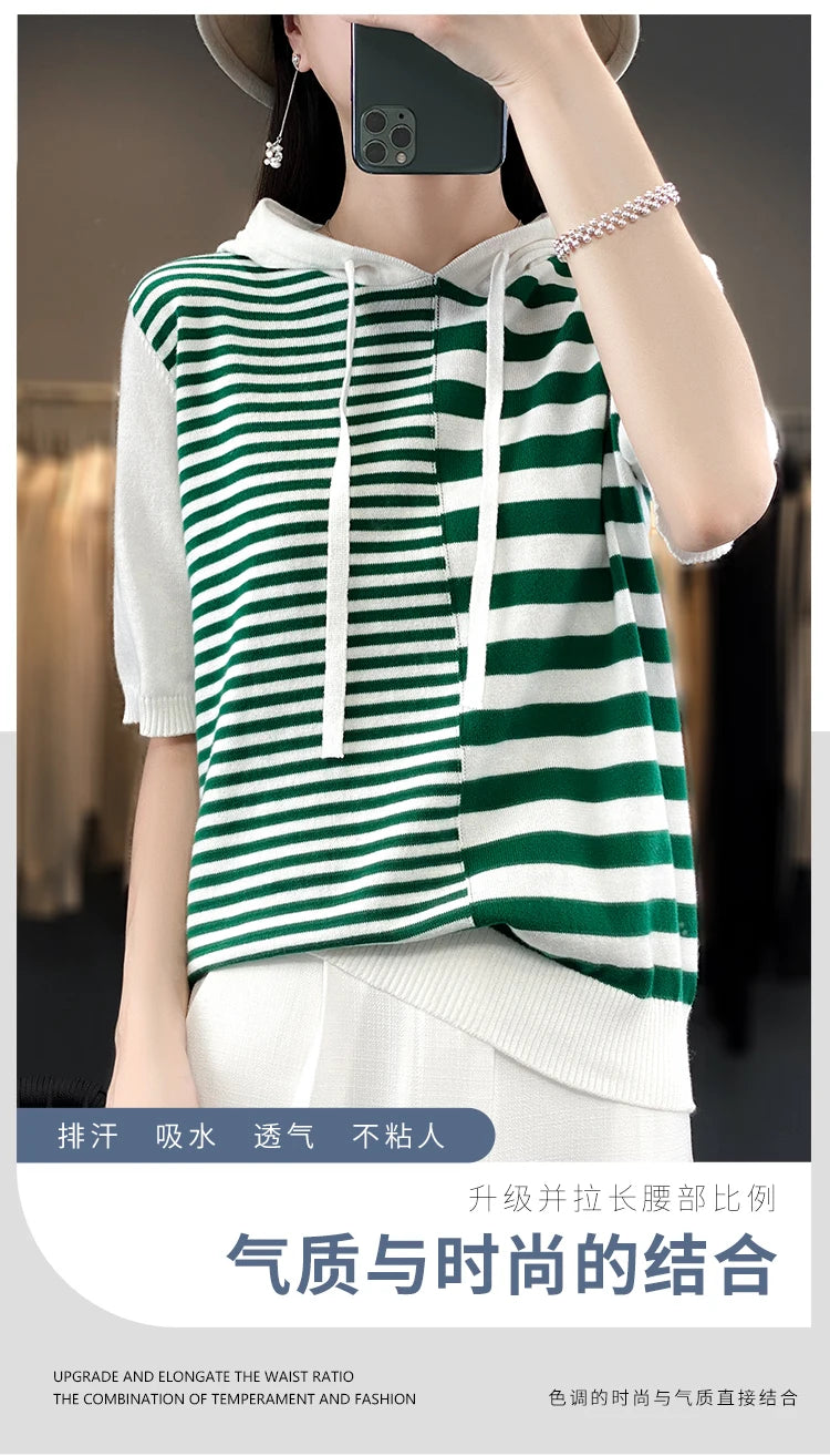 Summer New 100% Cotton Women's T-shirt Short Sleeve Loose Contrast Hooded Collar Pullover Casual Fashion Knitted T-shirt Top