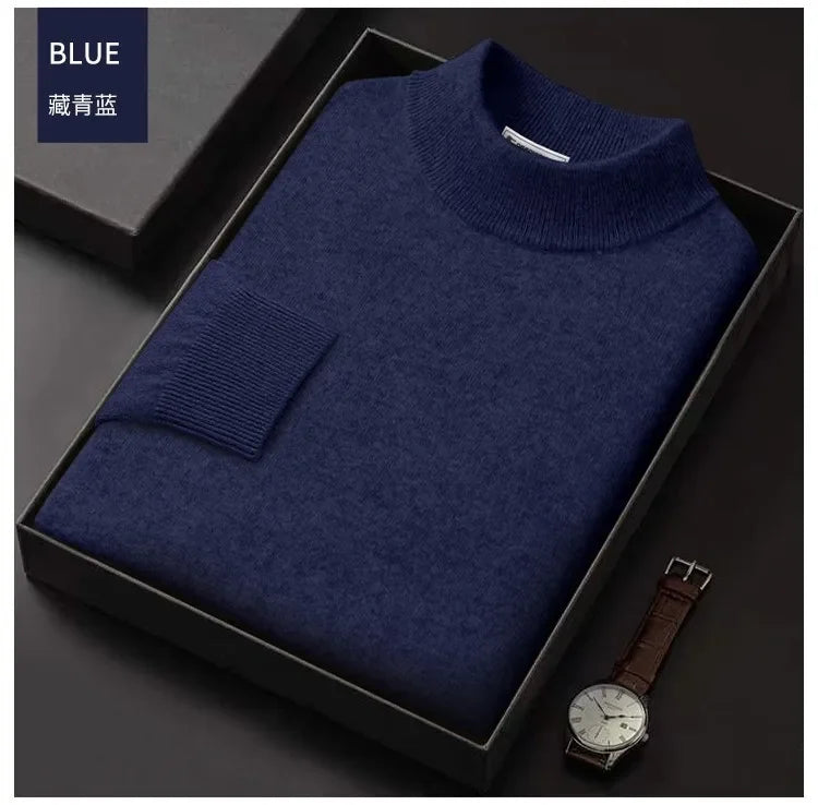 Luxury Brand Men's Mock Collar 100% Pure Woolen Sweater Tops Autumn Winter Cashmere Sweater Pullover Male Warm Knitwear Sweater