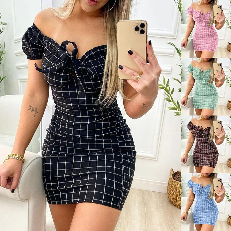 Summer Sexy Off Shoulder Mini Dress Women Fashion Casual Plaid Dresses Bodycon Beach Boho Party Dress For Women Robe Femme