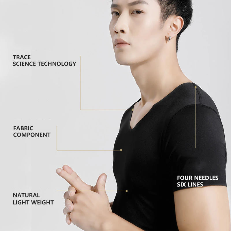 Fashion Summer Seamless Breathable Ice Silk T-Shirt Vest Men's Sports Short Sleeve T-shirt Ice Silk Solid Color V-neck M-5XL