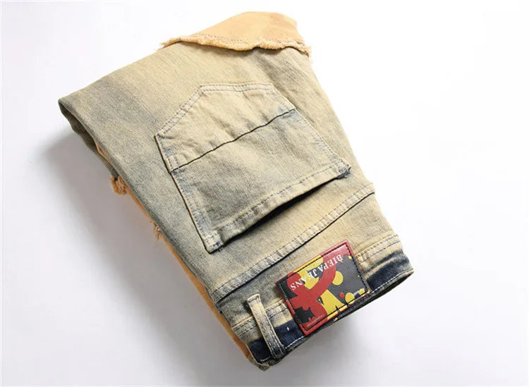 Autumn Winter New Yellow Spliced Ripped Jeans High Street straight Leg Mid-Waist Stretch Casual Pants