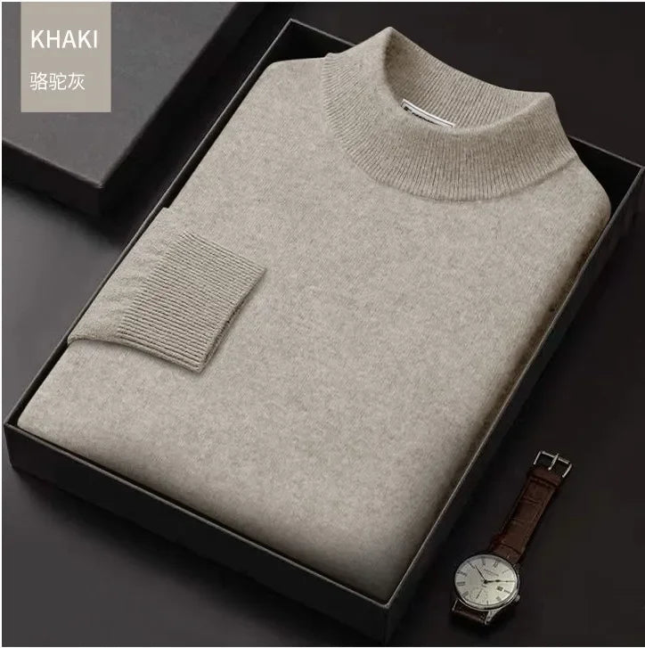 Luxury Brand Men's Mock Collar 100% Pure Woolen Sweater Tops Autumn Winter Cashmere Sweater Pullover Male Warm Knitwear Sweater