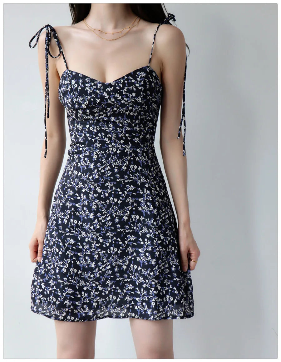 Bandage Floral Spaghetti Strap Dress Womens Y2k Clothes Sleeveless Mini Fashion Summer Short Party Backless Dresses for Women