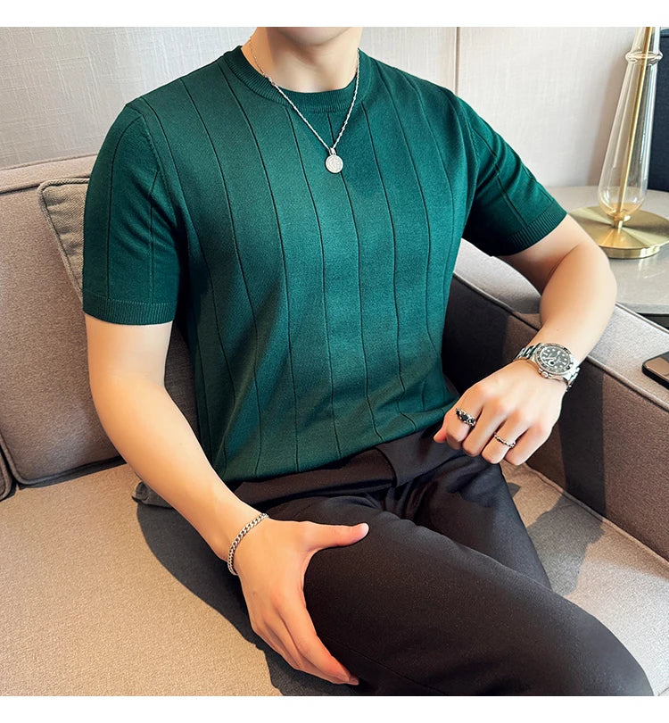 2024 New High Quality, Business Casual Men's Short-Sleeved O-neck Sweater, Daily Slim Fit T-shirt, Stretchable Striped Top M-3XL
