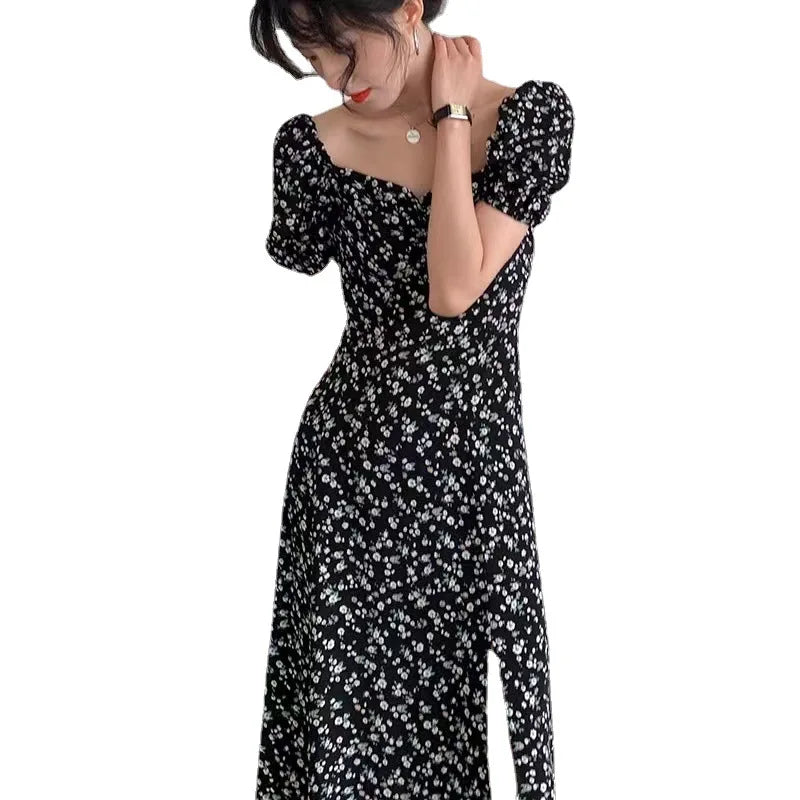 French Style Square Collar Floral Print Dress Women Puff Sleeve High Waiste A-line Ladies Sweet Daily Dating Long Vestidos