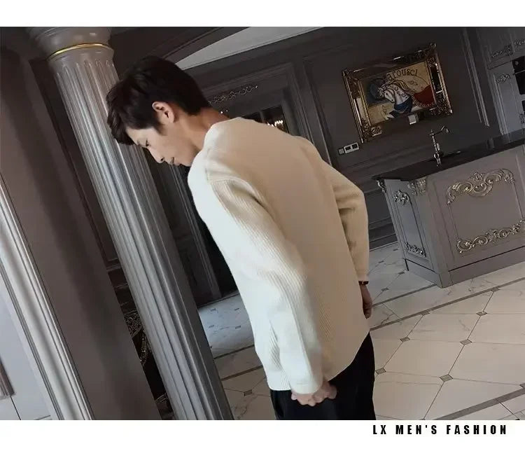 Autumn Winter Men's Solid Color Knitted Cardigan Sweater Jacket Casual Slimming Top Fashionable White Coat